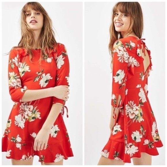Topshop Dresses & Skirts - Topshop Red Floral 3/4 Sleeve Mini Dress size 8